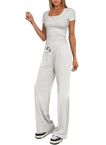 Darong Women's Two Piece Outfit Short Sleeve Scoop Neck T Shirts with Wide Leg Pants Active Tracksuit Lounge Set2