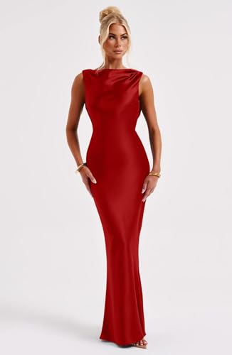 High Neck Prom Dress Sleeveless Satin Cocktail Party Maxi Dress Bodycon Bridesmaid Dress with Tie Back4