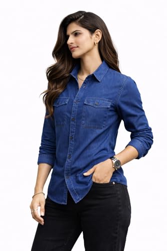 Image of Women's Denim Shirt | Long Sleeve Button Down Casual Shirt | Lightweight Summer Friendly Fabric | Regular Fit | Navy Blue & Charcoal Grey