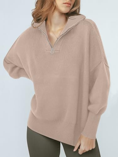 Image of ANRABESS Womens Oversized Quarter Zip Pullover Sweaters | Fall Fashion Outfits, Long Sleeve Slit Side, Baggy Loose Fit, 1 /4 Zip Lapel Collared, Ribbed Knit Soft Warm Winter Clothing