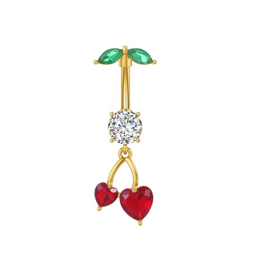 Niaspi Cute 316L Surgical Steel CZ Cherry Dangle Belly Button Ring 14G Crystal Cherry Belly Navel Rings Navel Curved Barbell Dangling Body Piercing Jewelry 3/8 Inch (Gold)