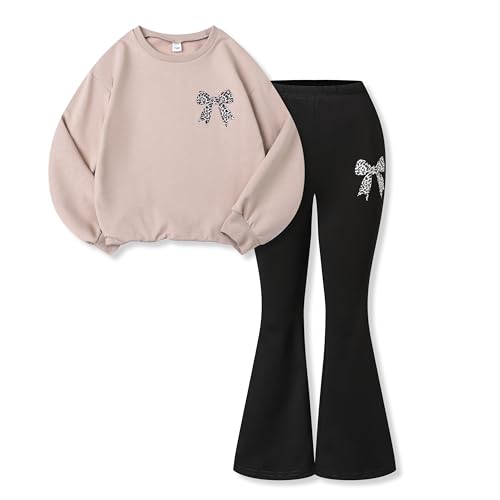 Image of Tween Girls Clothes Long Sleeve Graphic Sweatshirt Top + Bow Knot Pants 2 Piece Outfit Set, Size 7-16Years