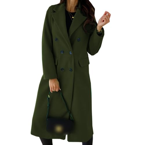 Mormon Wives Blue Coat, Women Winter Wool Blend Mid-Long Coat Notch Double-Breasted Lapel Jacket Outwear Winter Coat (Army Green,L)