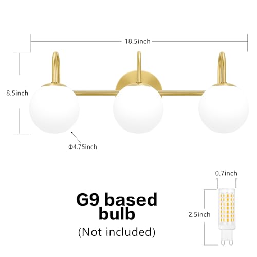 Image of Gold Light Fixtures, 3-Light Over Mirror, Mid Century Modern Bathroom Vanity Lights Wall Sconces With Globe Frosted Milk Glass