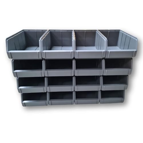 RODOPI 16er Set Stapelboxen, Größe L | Sichtlagerkästen 335x209x152mm | Robuste Lagerboxen für Werkstatt, Garage, Keller | Sortierkästen für Werkzeug & Baumaterialien Anthrazit