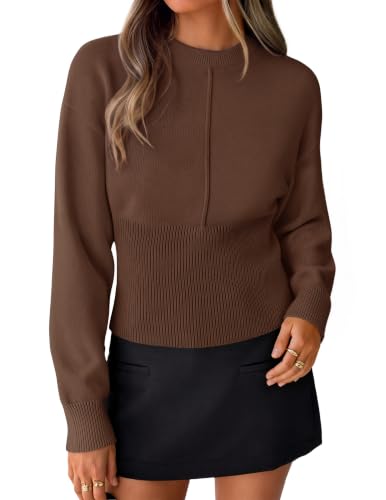 Image of ZESICA Women's Fall Sweaters Crewneck Cinched Waist Pullover Tops