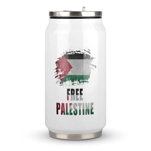Image of Free Palestine Palestinian Flag Tumbler with Lid And Straw Double Wall Insulated Cups Cola Can Shaped 300ml