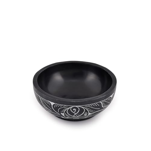 Kaizen Casa Hand Carved Natural Stone Smudge Bowl, White Leaf Design | Size 5' x 2' Black Ritual Bowl Display Jewelry Dish Kitchen Table Decor Gift