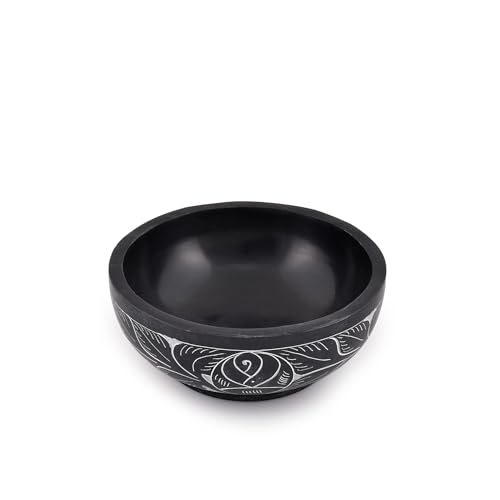 Kaizen Casa Cuenco de piedra natural tallado a mano, cuenco para manchas, cuenco de piedra, maceta para manchas, diseño tallado de hoja blanca, tamaño: 12,7 cm x 5,08 cm, color negro