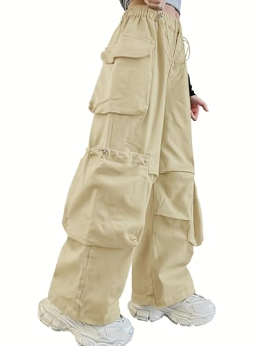 Image of Girls Cargo Pants Wide-Leg Straight Streetwear, 6-14 Years | Elastic Drawstring Vintage Baggy Pants Y2K School Casual