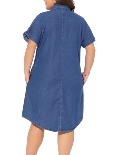 Agnes Orinda Plus Size Denim Dress for Women Short Sleeve Button Down with Pockets Midi Jean Denim Shirt Dresses4