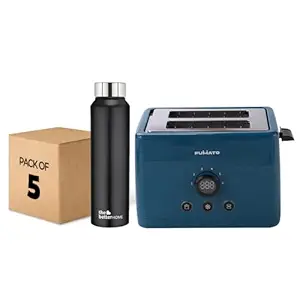 The Better Home FUMATO 1000 Watt 2 Slice Pop-up Toastmate Toaster & Stainless Steel Water Bottle 1 Litre Pack of 5 Black