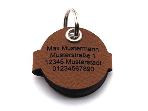 CopterFarm Hundemarkentasche mit Druckknopf Gravur Braun | Rund - Birne | gefertigt aus Kunstleder | beidseitig graviert | Durchmesser ca. Ø30mm (Rund)