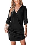 CUPSHE Women's Mini Dress V Neck Ruched Roll 3/4 Sleeve A Line Loose Fit Dress Black, L