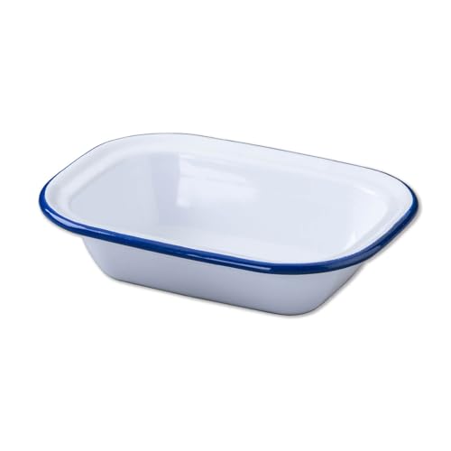 Zenker Enamel Medium Oblong Pie Dish Vintage Design Suitable for Oven and Stove Dishwasher Safe Oven Tray Enamel Cookware Traditional Pie Tin 22x16.5x5cm White and Blue