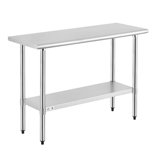 Image of ROCKPOINT Stainless Steel Table for Prep & Work 18x48 Inches, NSF Metal Commercial Kitchen Heavy Duty Table with Adjustable Under Shelf and Table Foot for Restaurant, Home and Hotel