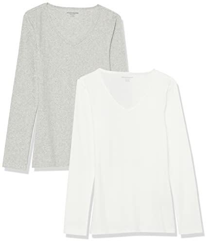 Image of Amazon Essentials Women's Slim-Fit Long Sleeve V-Neck Knit Rib Shirts, Pack of 2