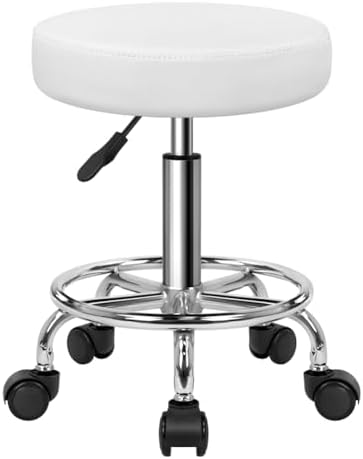 KKTONER PU Leather Round Rolling Stool with Foot Rest Swivel Height Adjustable Stool Spa Drafting Salon Tattoo Work Office Massage Task Chair White Small (White)