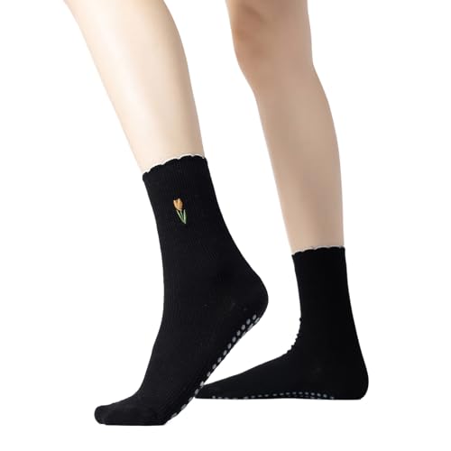 Image of Verdancy Yoga Pilates Socks with Non-Slip Grips Ruffle Trim Tulip Embroidered Cushioned Crew Socks for Barre Ballet Dance