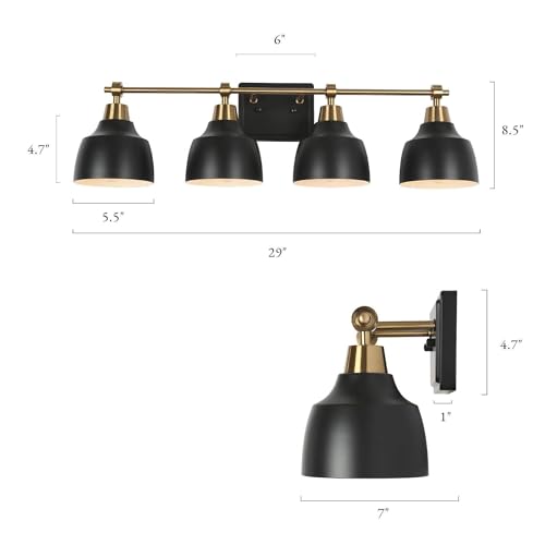 Image of KSANA Bathroom Light Fixtures, 4-Light Black Bathroom Vanity Lights with Gold Socket, 29'' Modern Farmhouse Bathroom Lighting Lights Over Mirror with Black Metal Shade