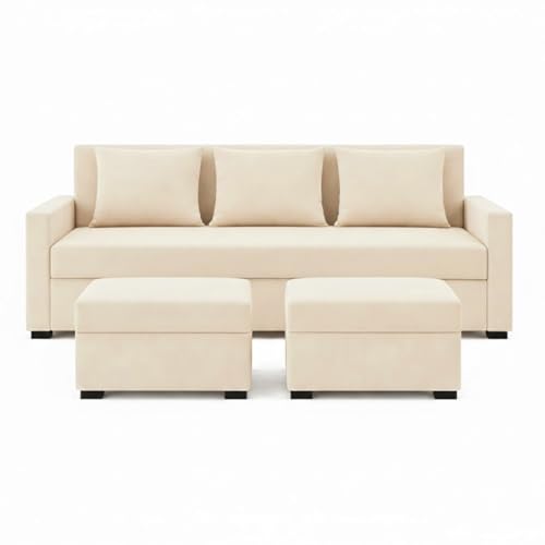 Image of FURNY Lily 3 Seater Fabric Sofa Set with 2 Ottomans (Cream) with Velvet Finish | Durable Comfort | Ideal for Living Room