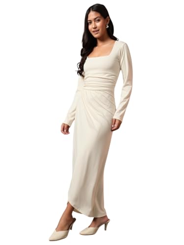 Image of Trend Arrest.ed Women's Bodycon Midi Dress | Square Neck Wrap Style | Stretchable | Full Sleeve Fitted Dress for Party, Evening, Casual Outings & Date Night