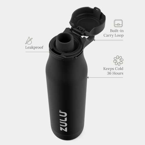 Image of Zulu Ace 24oz Vacuum Insulated Stainless Steel Water Bottle with Chug Spout | Leak-Proof Locking Lid and Removable Base |Reusable Bottle for Cycling Sports Gym Travel Bicycle Bottle Cage | Black