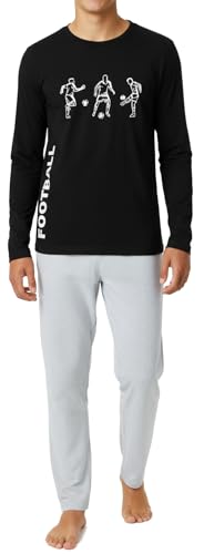 In One Clothing - Jungen Schlafanzug lang, weicher Single-Jersey aus 100% Baumwolle - mit Fussball Motiv Three Players in schwarz Grösse 176