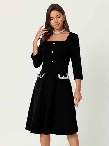 Women's 2024 A-Line Dress Work Square Neck Tweed 3/4 Sleeve Dresses2