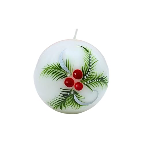 Noble vela esférica, vela de mesa, vela decorativa, vela de cera con motivo navideño, 8 cm, con ramas de abeto y bayas, en blanco, rojo y verde.