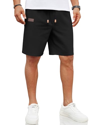 Image of COOFANDY Mens Casual Linen Shorts Elastic Waist Drawstring Loose Fit Summer Beach Vacation Shorts with Pockets