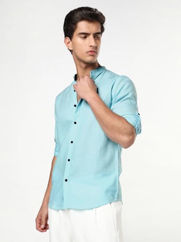 Image of Urbano Fashion Men's Linen Blend Full Sleeve Relaxed Fit Mandarin Collar Casual Solid Shirt