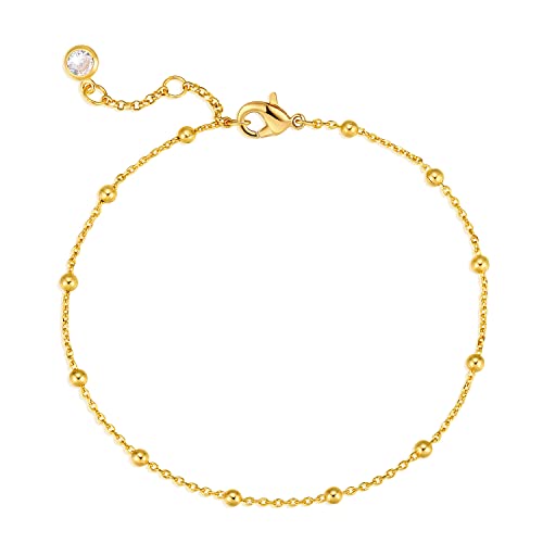MEVECCO Gold Beaded Bracelets,18K Gold Plated Handmade Cute Satellite Diamond Cut Oval and Round Beads Rope Chain Dainty Bracelet for Women