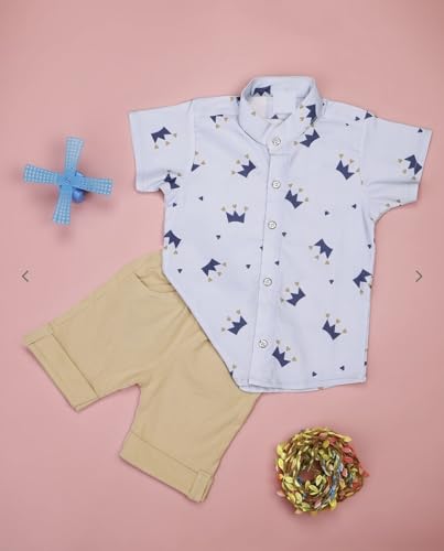 Image of Vikita Enterprise Kid Boy's Hosiery Cotton Blend Printed Cord Set with Mandarin Collar Short Sleeve Shirt and Side Pocket Elastic Waistband Closure Short Pant with Tie