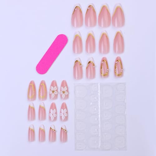 Image of NBNTGH Press on Nails with White Flower Design Gold Line Fake Nails Pearl Decor Stick on Nail Glossy Full Cover for Women Manicure 24Pcs