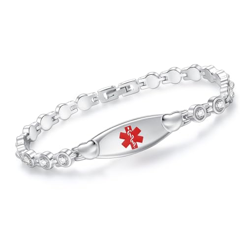 LinnaLove Fashion Shiny medical alert bracelet with Free Engraving Stainless steel Medical id bracelet for Women (Crystal heart, Inches, 8.50)