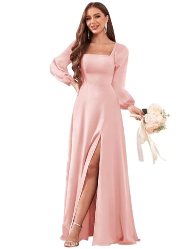 Women's Long Sleeve Bridesmaid Dresses with Slit A Line Square Neck Chiffon Formal Dress for Wedding