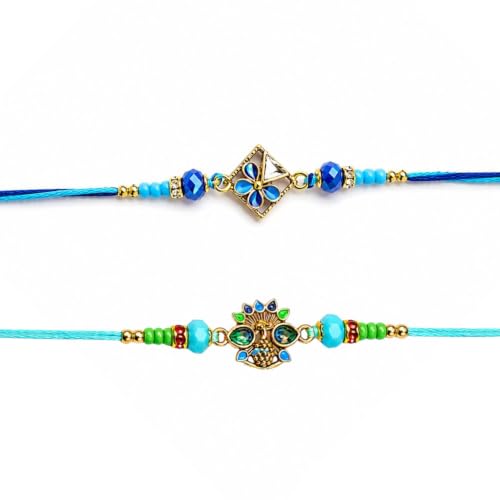 Image of I Jewels Traditional Designer Pack of 2 Rakhis with Decorative Crystal Work, Beads and Pearl Style Accents for Men Boys Brother Roli Chawal & Raksha Bandhan Card