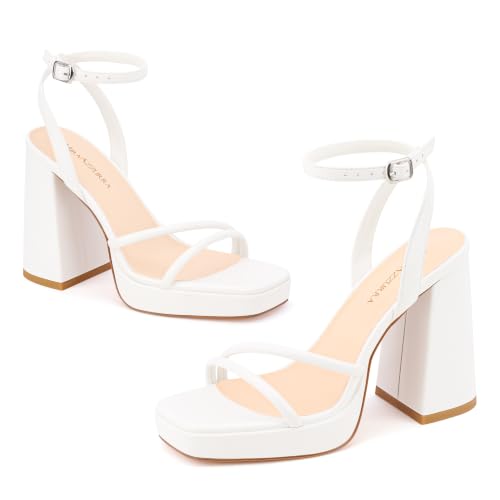 Image of MIRAAZZURRA Platform Strappy Heel Sandals Square Open Toe Two Strap Chunky High Heeled Sandals with Buckle Ankle Strap for Women Party Wedding Dress
