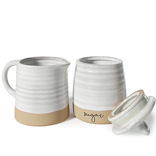 Barnyard Designs Ceramic Stoneware Sugar Creamer Set, 11Oz Creamer Pitcher And Sugar Bowl With Lid, Vintage Farmhouse Sugar Creamer Dispenser Container Holder, Sugar Cube Dish Coffee Or Tea, Ivory/Tan #TOP4