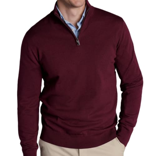 MATINEE Mens Fine Knitted Luxury Supersoft Cashmere-Like Crew Neck/V Neck/Zip Neck Sweaters, Fine 12 Gauge Knit Structure (UK, Alpha, M, Regular, Regular, Burgundy 1, 1/2 Zip Neck)