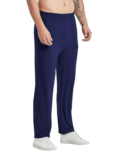 Image of JINSHI Men's 3 Pack Pajama Pants Long Modal Pj Pants Elastic Waist Pajama Bottoms Comfortable Sleep Pant with Pockets (S,Black /Navy Blue /Light Grey)