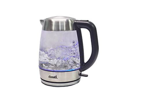+AcsaCi Premium Glass Kettle - 1.7 Litres 3000W Fast Boiling – Illuminating with LED Lighting Blue – Stainless Steel - British STRIX Thermostat