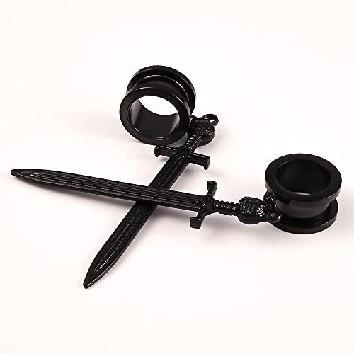Doearko 2Pcs Ear Gauges Cool Sword-Pendant 316 Hypoallergenic Stainless Steel Dangle Ear Plugs Tunnels Gauges Stretcher Piercing Body Jewelry (8Mm(0G), Black) #TOP2