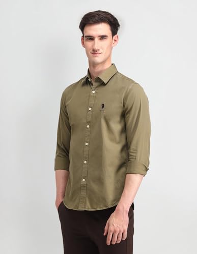 Image of U.S. Polo ASSN. Solid Slim Fit Shirts for Men - 100% Cotton, Full Sleeve Mens Casual Shirts