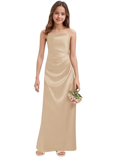Silk Satin Junior Bridesmaid Dresses for Wedding A-Line Straps Pleated Sleeveless Long Flower Girl Dress
