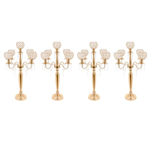 4 Pcs 5 Arm Crystal Candelabra Centerpieces for Tables, Candle Holders for Wedding Party Events Party Ceremony (Gold)