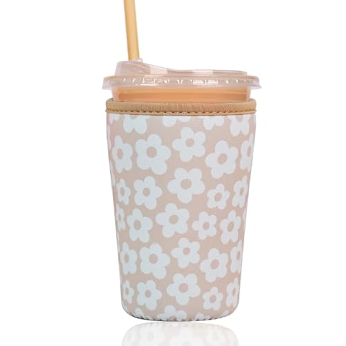 Image of Reusable Insulated Sleeve for Iced Coffee Cup, Coffee Neoprene Sleeve for Cold & Hot Drinks, Beverage Holder for Iced Coffee (Creamy Florals, Medium: 22-24oz)
