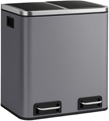 casa pura Mülleimer Küche 2×15L Grau | 2-Fach Mülltrennung, Treteimer Küche, Metall, Soft-Close, luftdicht, Kunststoff-Inneneimer, Klappdeckel – (Felix)