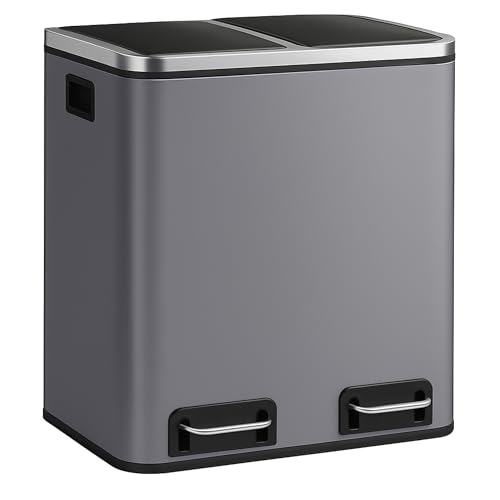 Floordirekt Mülleimer Küche 2×15L Grau | 2-Fach Mülltrennung, Treteimer Küche, Metall, Soft-Close, luftdicht, Kunststoff-Inneneimer, Klappdeckel – (Felix)